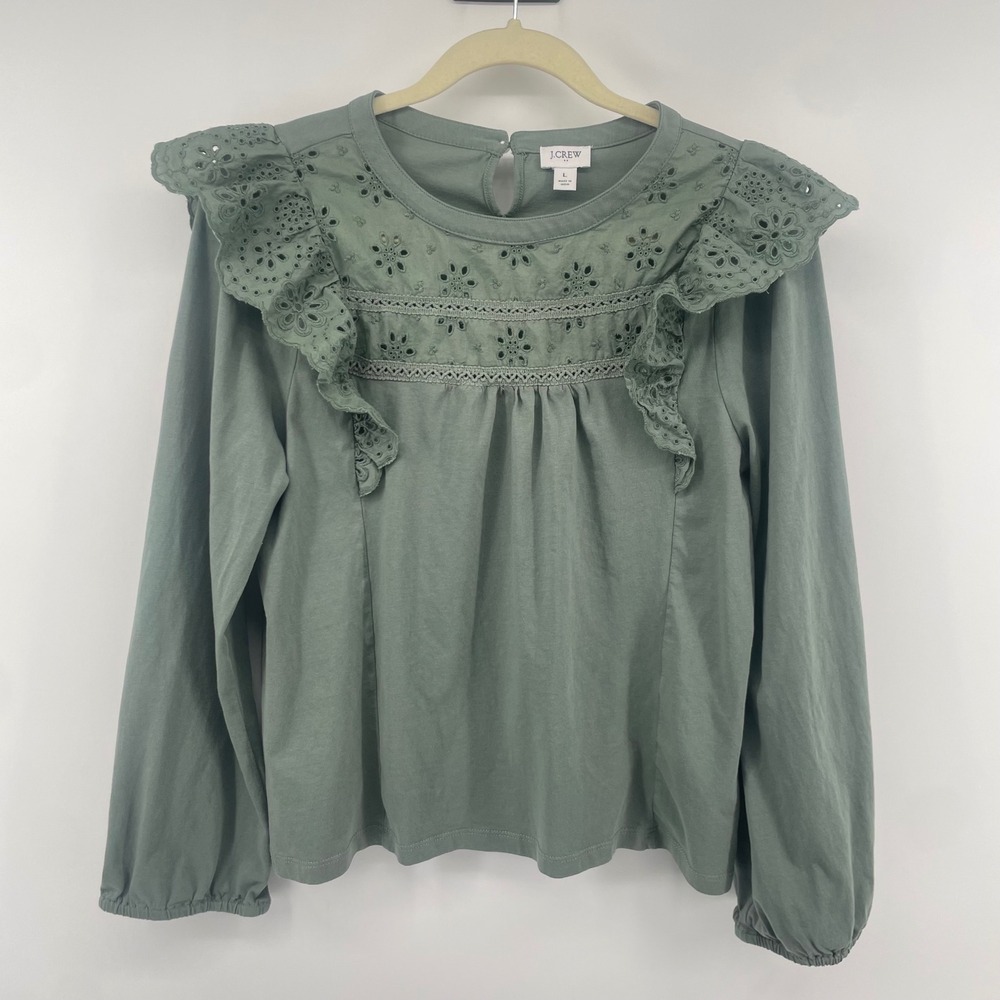 J.Crew Eyelet Ruffle Blouse Womens Large Green Long Sleeve Lace Trim Top